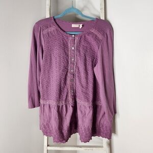LOGO Lavish Womens Large Purple Button Down Lace Ruffle Top